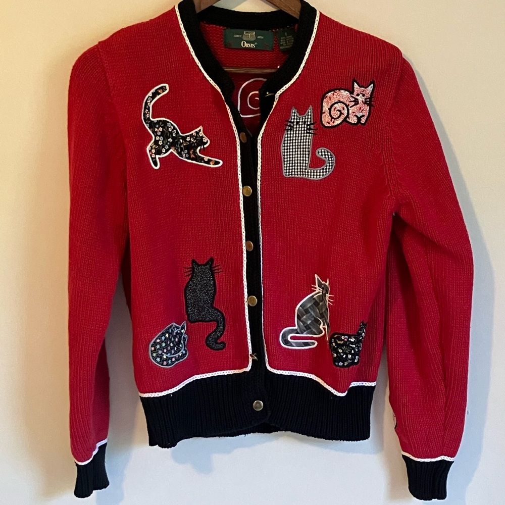 Orvis Red and Black Knit Sweater w/ Cats! - Picture 2 of 6